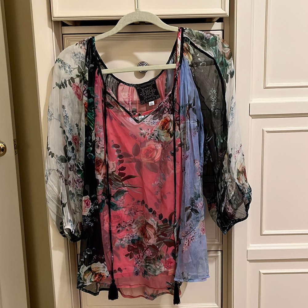 Johnny Was Jade Gisele Peasant Top silk blouse with cami size Large